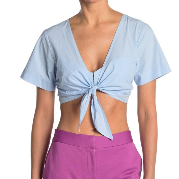 🌸SOLD🌸 NWT A.L.C. | Levine Light Blue Poplin Short Sleeve V-Neck Tie Crop Top - Picture 1 of 7